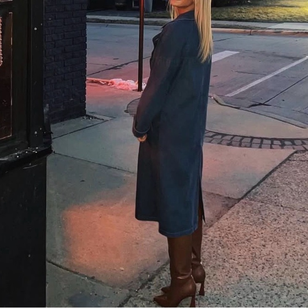 Long Dark Blue Denim Trench Coat - Women